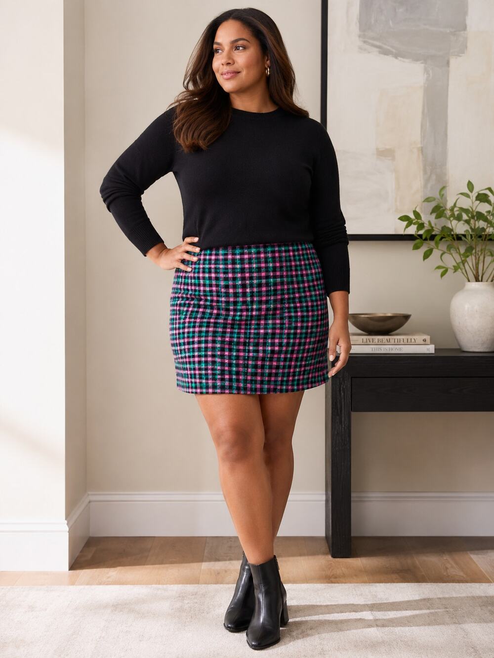 Talbots Plus SZ 18W Wool Blend Check Plaid Mini Skirt in Black-Pink-Aqua